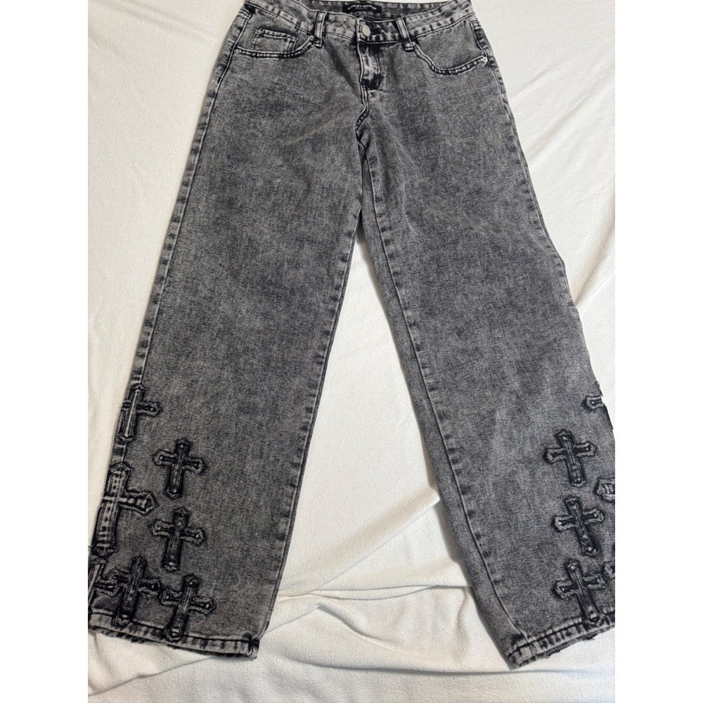 Ashley Mason Premium Grey Acid Wash Cross Applique Wide Leg Jeans Womens 5/27